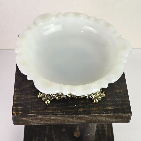 Vintage Thumbprint Milk Glass Pedestal Soap Dish, Ashtray, Nut Dish - Picture 2 of 7